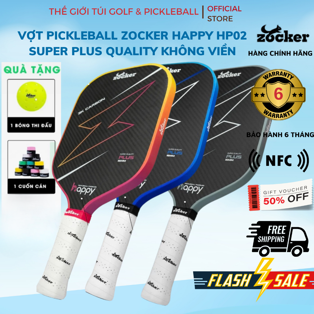 ( Chính Hãng ) Vợt Pickleball Zocker HP02 Plus Gen 2 Không Viền, Mặt 3K Carbon - Quà Tặng Hấp Dẫn