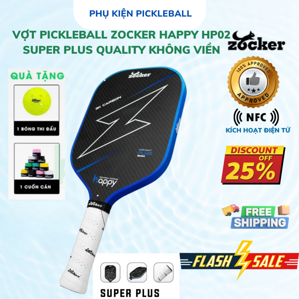 ( Chính Hãng ) Vợt Pickleball Zocker HP02 Plus Gen 2 Không Viền, Mặt 3K Carbon - Quà Tặng Hấp Dẫn