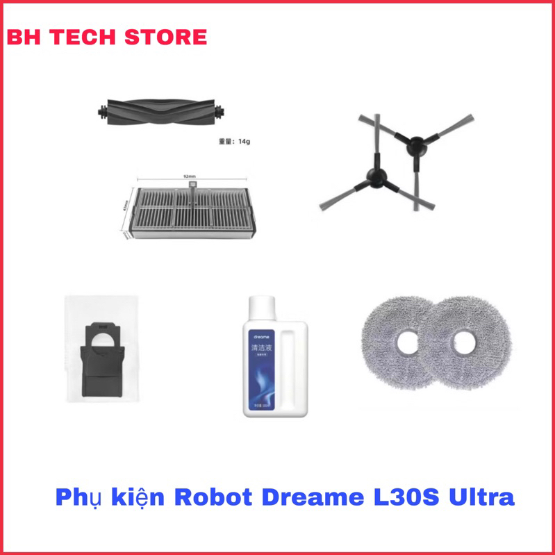 ( Năm 2024 )Bộ Phụ kiện Dreame L30S Ultra.Gồm : Chổi chính/ Lọc bụi / Khăn lau / Túi rác / Chổi cạnh .
