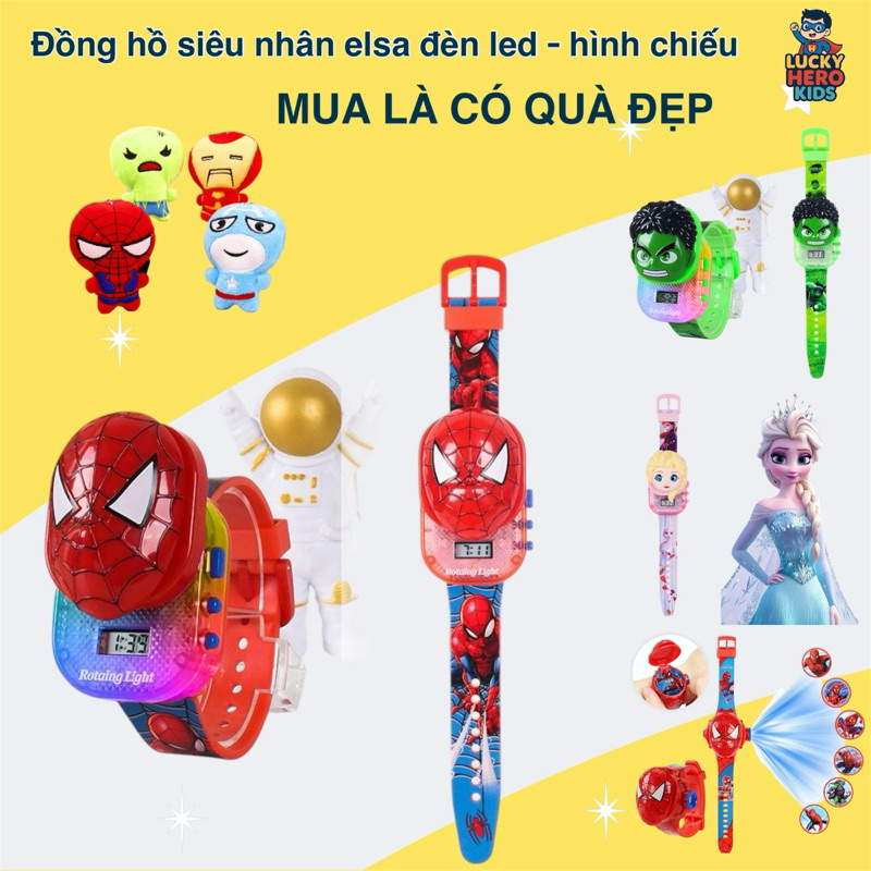 Đồng hồ siêu nhân đèn led nhạc -Đồng hồ siêu nhân nhện elsa chiếu hình nhiều mẫu bé cực thích