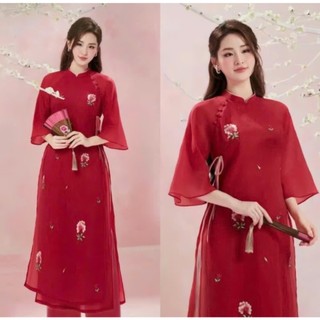  Áo dài cách tân suông màu đỏ đô vải tơ thêu 4 tà - Áo Dài Đan Linh 