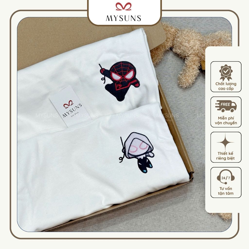 Áo thun đôi thêu siêu anh hùng MYSUNS - hình Spider-man chibi dễ thương, thiết kế riêng, vải cotton 