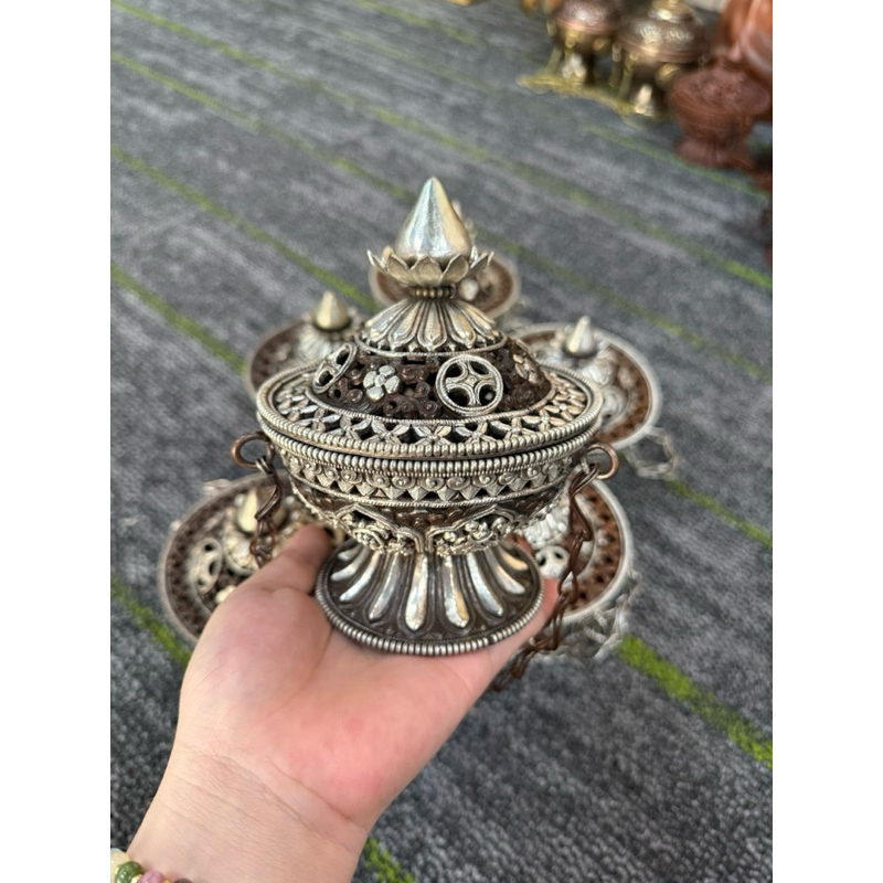 Lư Xông Dây Xích Đỉnh Sen Đồng Mạ Bạc Nepal [PHÁP BẢO MINH CHÂU]