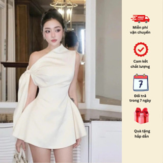 Váy Thiết Kế Lệch Vai Buộc Nơ Chiết Eo Dáng Xoè Siêu Sang Chảnh (V66)