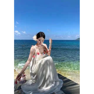 Đầm babydoll hai dây đính hoa cực xinh phong cách tiểu thư dễ thương cho nữ đầm maxi dễ thương đầm đi biển cho nữ