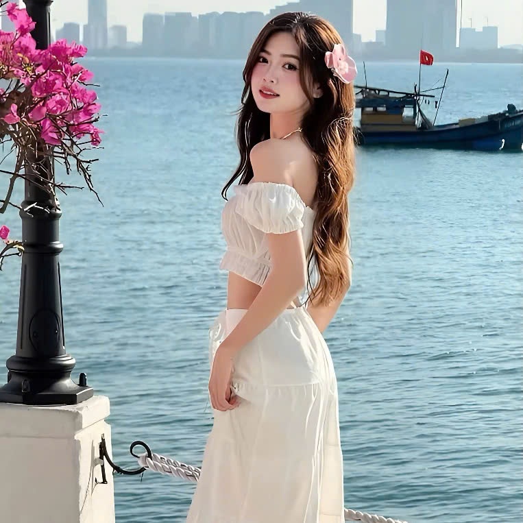 Set 2 Món Áo Trễ Vai Đính Nơ Kèm Chân Váy Xoè Viền Ren Đi Biển Siêu Xinh | BigBuy360 - bigbuy360.vn