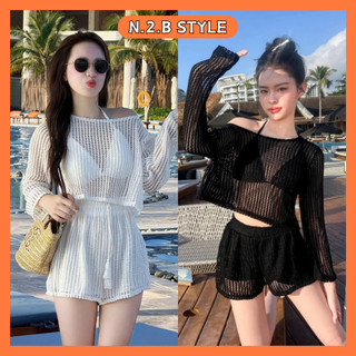 Set bikini đi biển 3 món - Áo bra có mút ngực phối áo khoác ngoài ren lưới kèm quần short 2 lớp