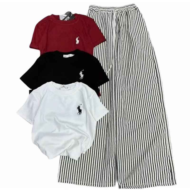 Set Bộ Áo Quần Kẻ Cổ Tim Thêu Ngựa