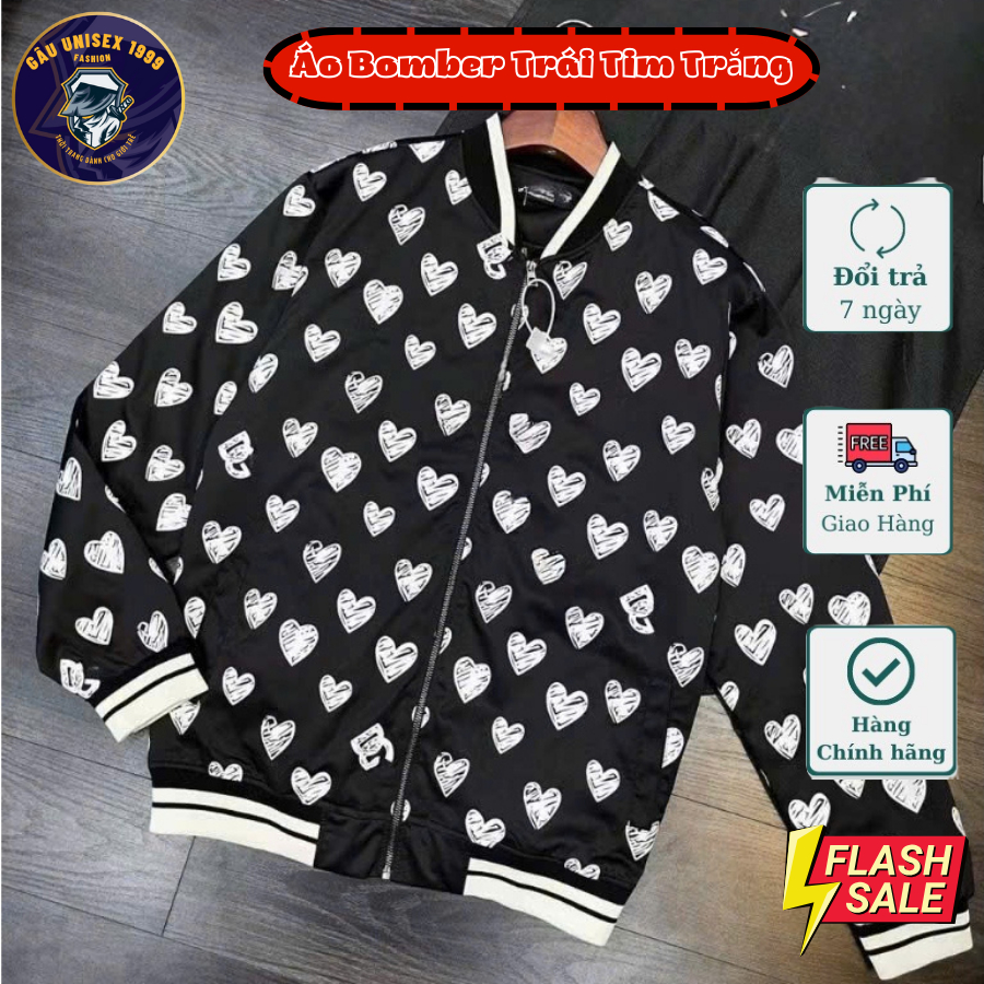 Áo Bomber Nam Trái Tim Trắng DG Khoá Zip, Cổ Bo, Mềm Mịn , Sịn Đẹp 2 Lớp