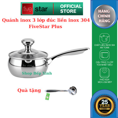 Quánh inox 304 hình táo 3 lớp liền khối cao cấp Fivestar Plus size 12cm nắp kính , dùng được mọi bếp