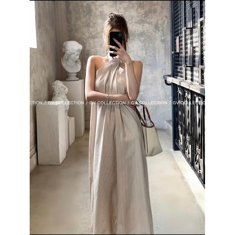 | Thanh Lý | maxi suông cổ chéo Emili đầm sọc dáng dài phong cách nhẹ nhàng sz L