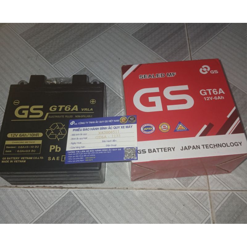 BÌNH ẮC QUI KHÔ CAO GS GT6A 12V6 Ah,dùng xe dream,wave anpha,Future1,magic,angel,sirius,jupter,VIVA1