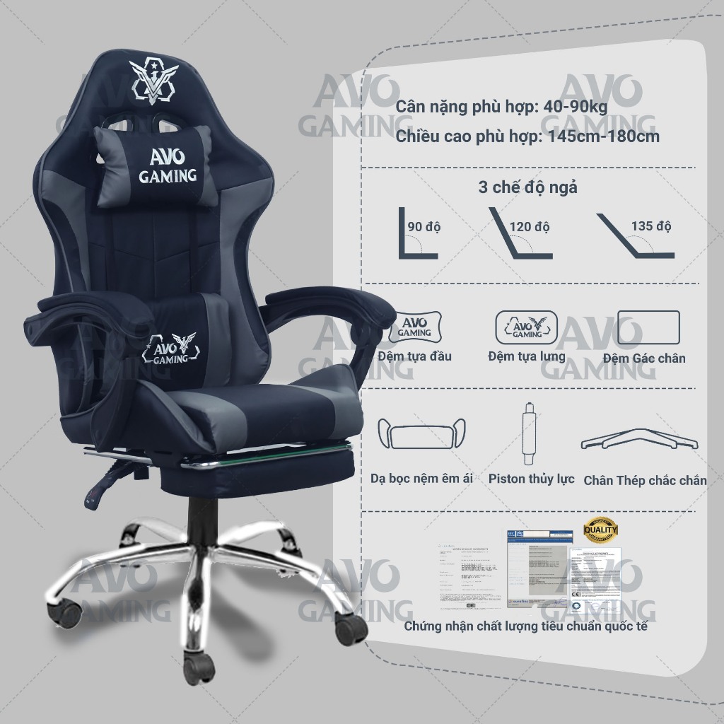 Ghế gaming Avogaming công thái học bọc da, ghế xoay tựa cổ,ngả lưng,nâng hạ có gác chân làm việc chơi game AVOGAMING | BigBuy360 - bigbuy360.vn