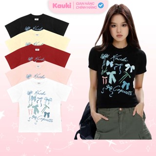 Áo baby tee in lụa cao cấp nơ xanh hội tụ dày dặn cao cấp form ôm cổ tròn 100% cotton 250gsm áo thun nữ KAUKI VN BBT12