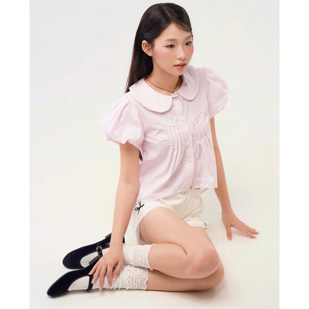 Áo babydoll cổ sen hồng kẻ ly Pinko - by Vintagevibes.