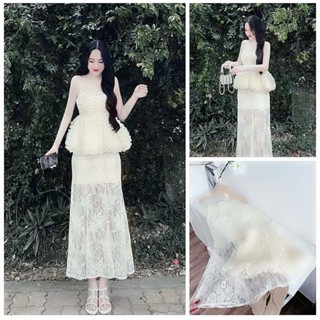 Sét váy nữ thiết kế tiểu thư cực sang chảnh sét áo thô sóng 2 dây dáng PEPLUM phối chân váy ren dáng dài xòe thanh lịch