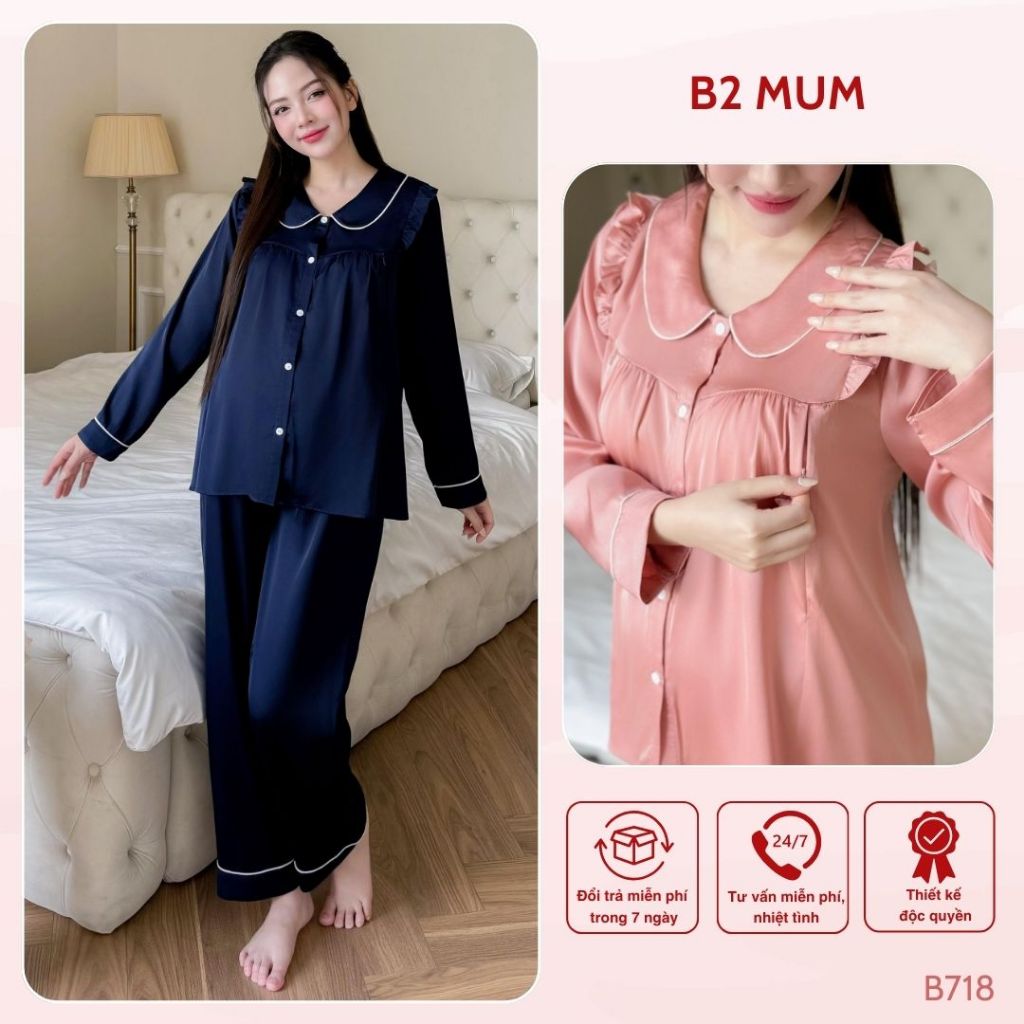  Bộ bầu mặc nhà và sau sinh Bộ Bầu Lụa Pháp Latin - Dành Cho Mẹ Bầu Thoải Mái B718 Thiết kế by B2MUM 