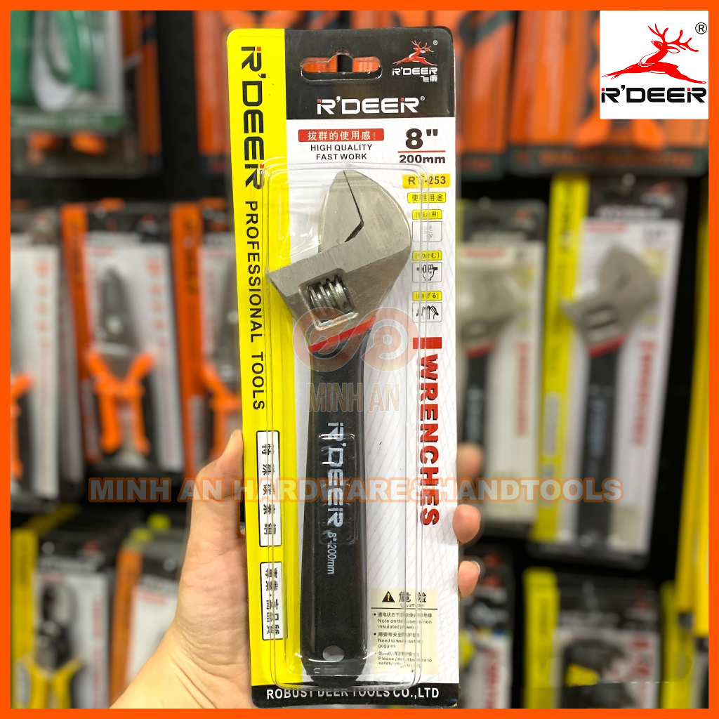 Mỏ lết 8" 200mm [CHÍNH HÃNG] R'DEER thép hợp kim CRV bền bỉ cao cấp - tay cầm bọc dạ chống trượt