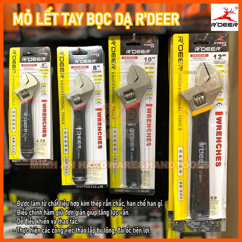 Mỏ lết 10" 250mm [CHÍNH HÃNG] R'DEER thép hợp kim CRV bền bỉ cao cấp - tay cầm bọc dạ chống trượt