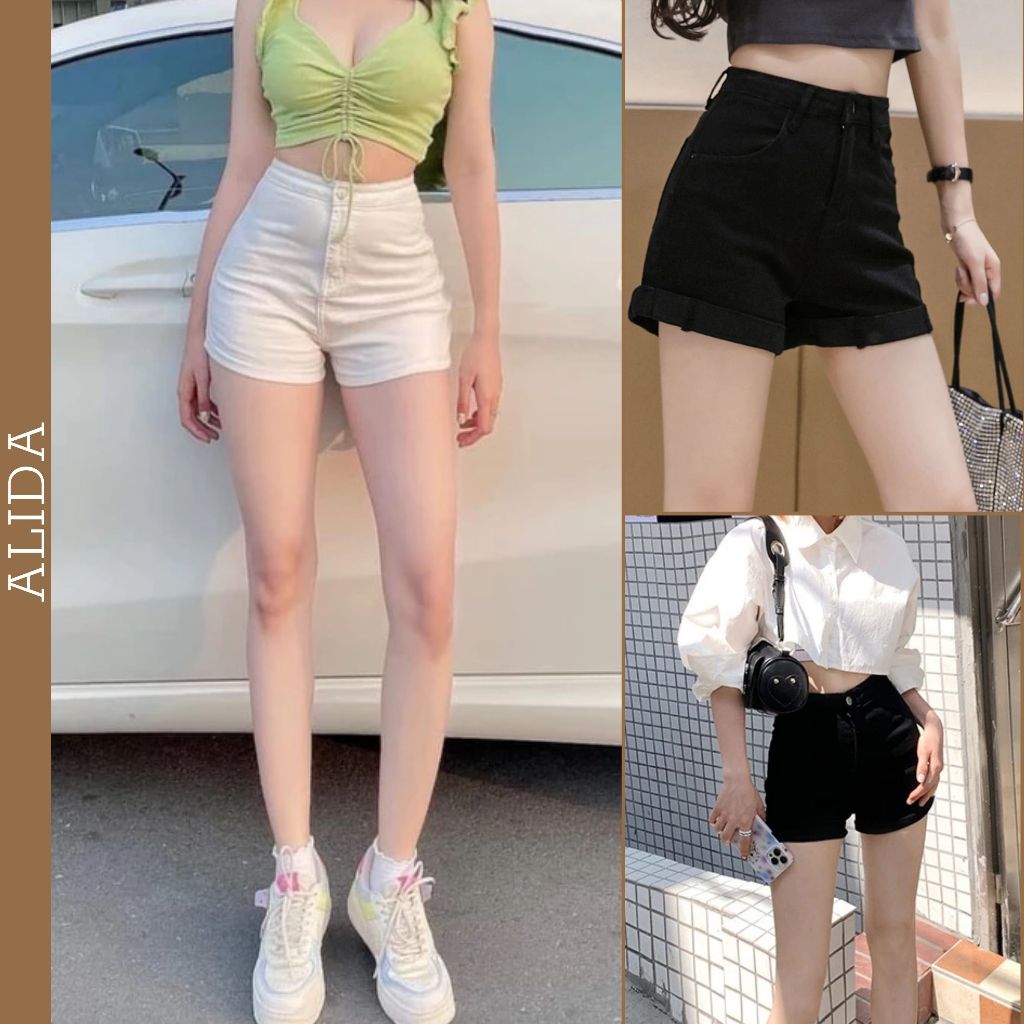 Quần Đùi Bò lưng cao màu Trắng Đen Siêu Co giãn, Quần Jean Short, Quần Jeans Ôm Ngăn