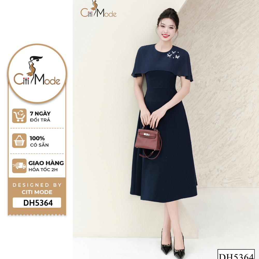 Đầm công sở CITI MODE FASHION thiết kế Đầm xòe xanh than chùm vai DH5364