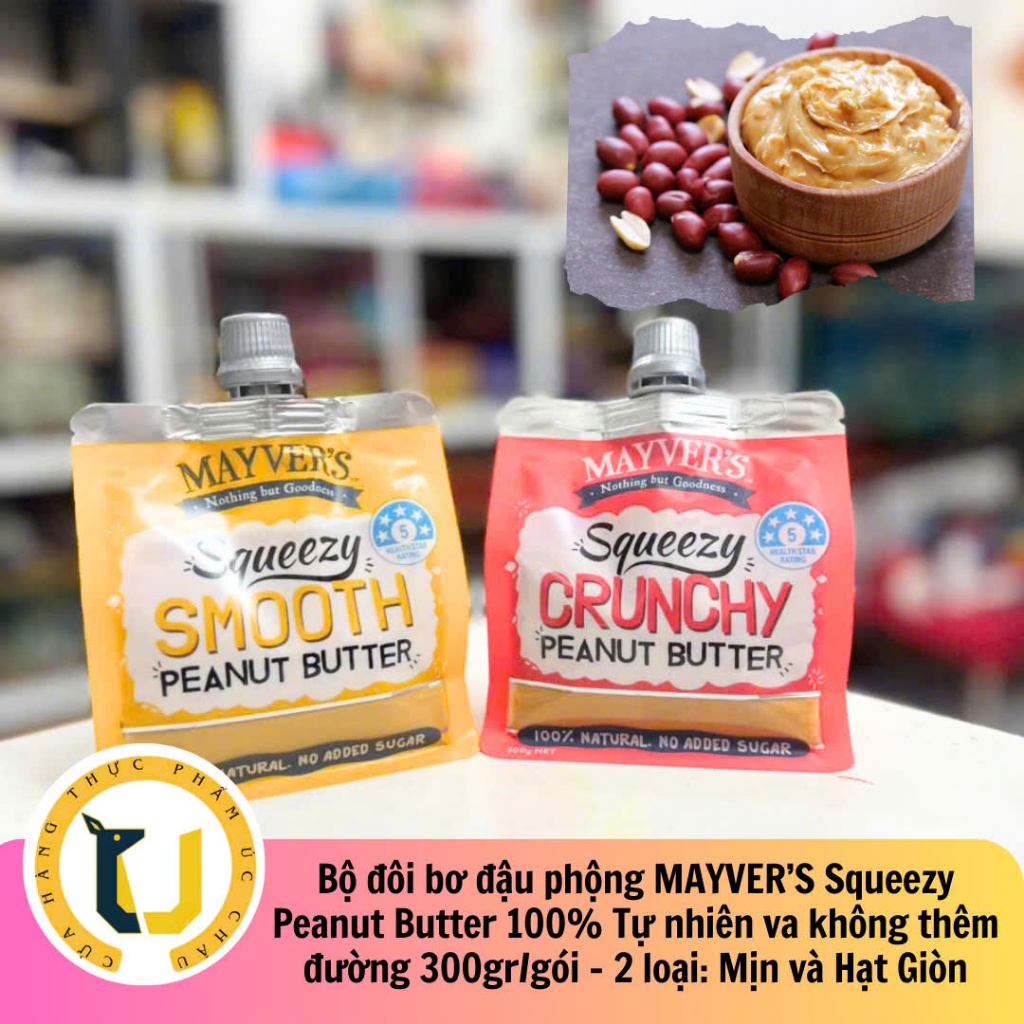 (HÀNG ÚC) Bơ đậu phộng ORGANIC KO ĐƯỜNG MAYVER'S Peanut Butter 100% Natural, NO SUGAR tuýp nút vặn t