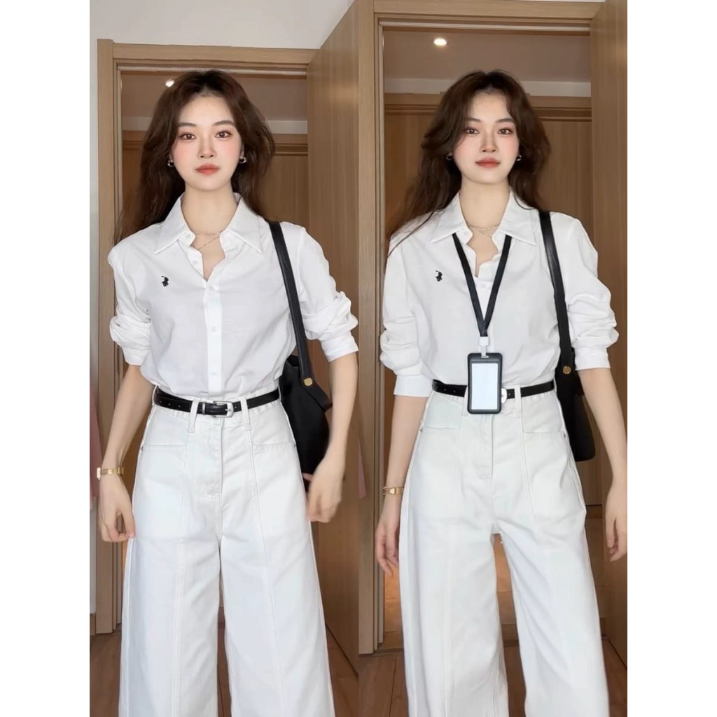 Áo Sơ Mi Nữ Kiểu Thêu Ngựa Basic Chất Lụa Hàn Chống Nhăn Dày Mịn Mát. Đi Làm, Đi Chơi, Đi Học