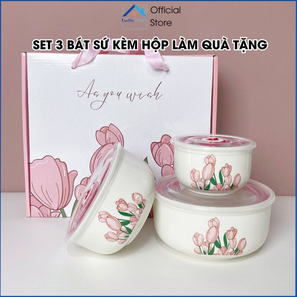 [TẶNG KÈM HỘP] Combo Set 3 Bát Sứ Hoa Tulip Có Nắp Hút Chân Không- S3B002