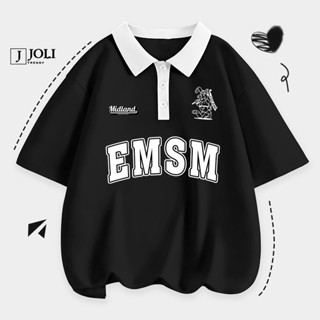 Áo Polo Unisex Mã PL EMSM Màu Trắng Phối Cổ Đen Form Rộng Tay Lỡ Cho Nam Nữ J Joli Trendy