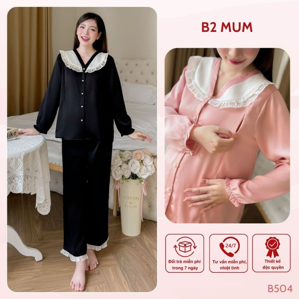  Bộ bầu và sau sinh thiết kế chất lụa ngọc trai có thể mặc quanh năm áo có khoá bé ti quần có chun chỉnh - B763 B2MUM 