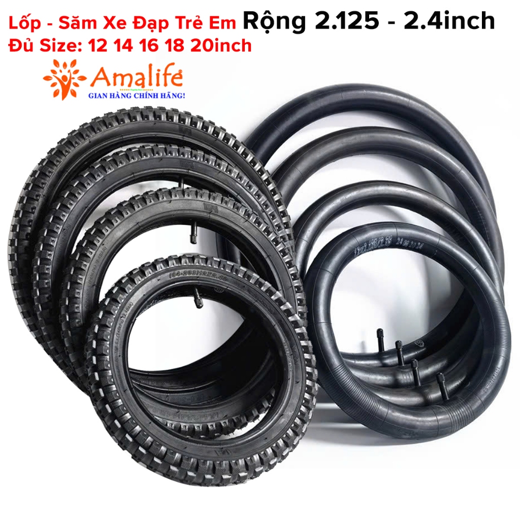 Săm Xe Đạp Trẻ Em, Lốp Xe Đạp Cho Bé Rộng 2.125 - 2.4inch Đủ Size 12 14 16 18 20inch Cao Su Butyl Tự Nhiên Hãng Amalife