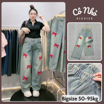 Quần Jean Bigsize Nữ Ống Suông Dài Phối Nơ Đỏ Nổi Bật Sành Điệu Cho Chubby 50-92kg Q551