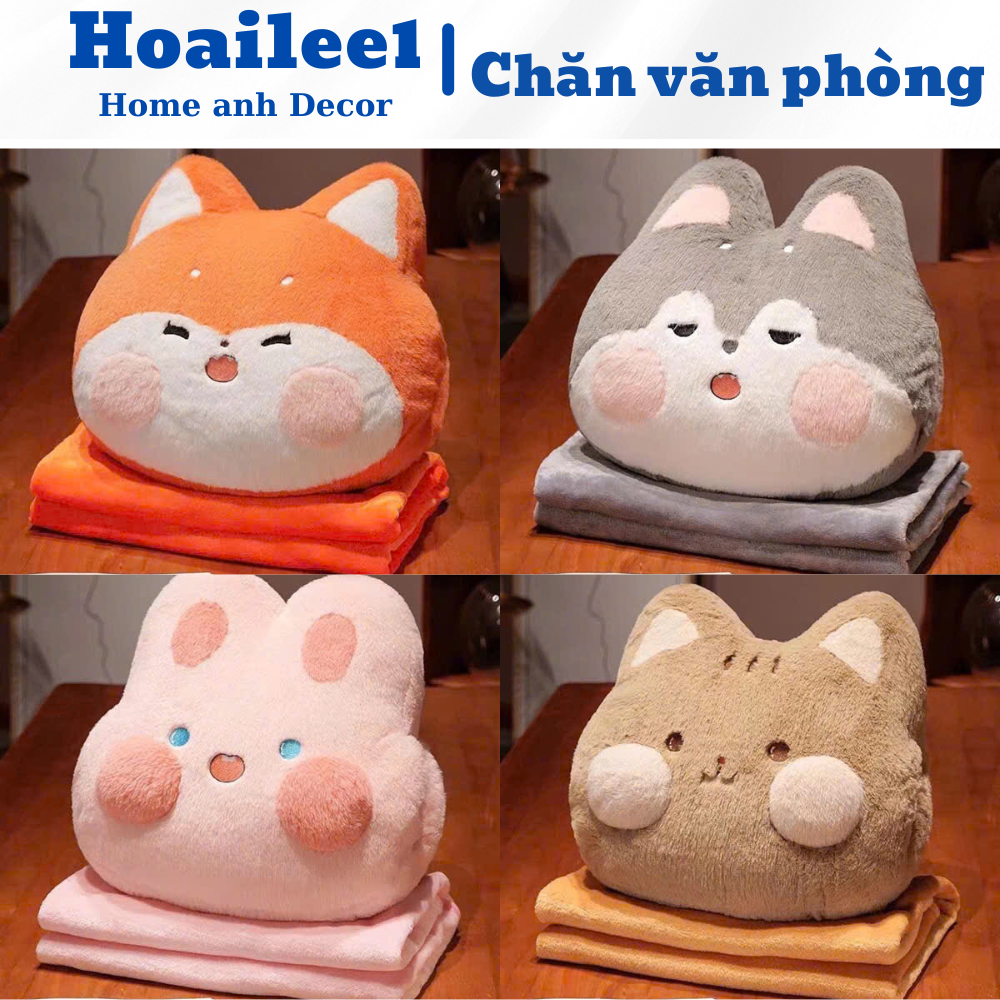 Bộ chăn gối văn phòng đa năng hình quả vuông- gấu nâu vàng - heo xám heo hồng mẫu mã đáng yêu