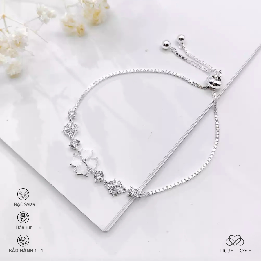 Lắc tay bạc nữ cỏ bốn lá thạch anh dây rút - Lắc tay bạc cỏ 4 lá điều chỉnh theo size tay TRUE LOVE