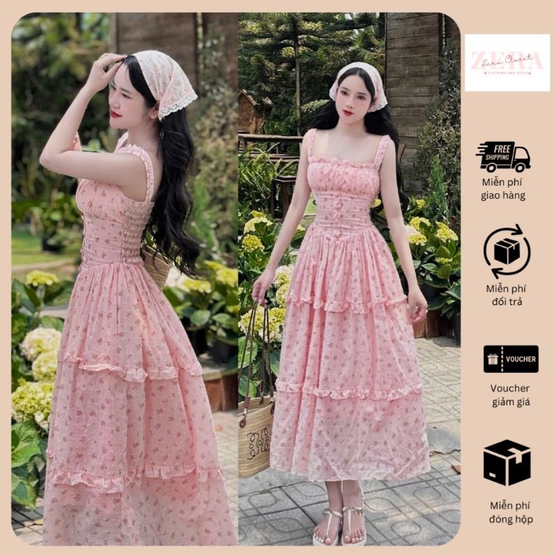 Váy 2 dây dáng dài nhún eo Đầm dạo phố màu hồng kèm khăn turban phối ren maxi biển 2025