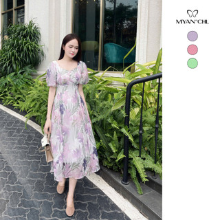 MYAN DESIGN Váy Hoa Nữ Ngắn Tay Bồng Dáng Dài Chất Liệu Voan Tơ Lót Lụa Cổ Vuông Có Khóa Lưng Vvn042304