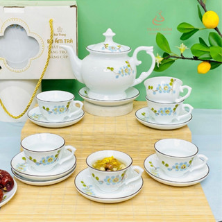 Bộ ấm chén uống trà Bát Tràng, ấm chén phòng khách cao cấp vẽ hoa thủ công gốm sứ chính hãng