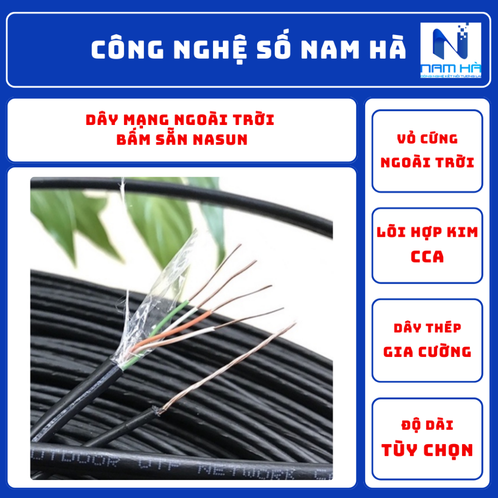 Dây Mạng Ngoài Trời Bấm Sẵn NASUN, 4 Lõi, Có Dây Cường Lực, Vỏ Chống Chuột, Tặng Dây Thít Nhựa