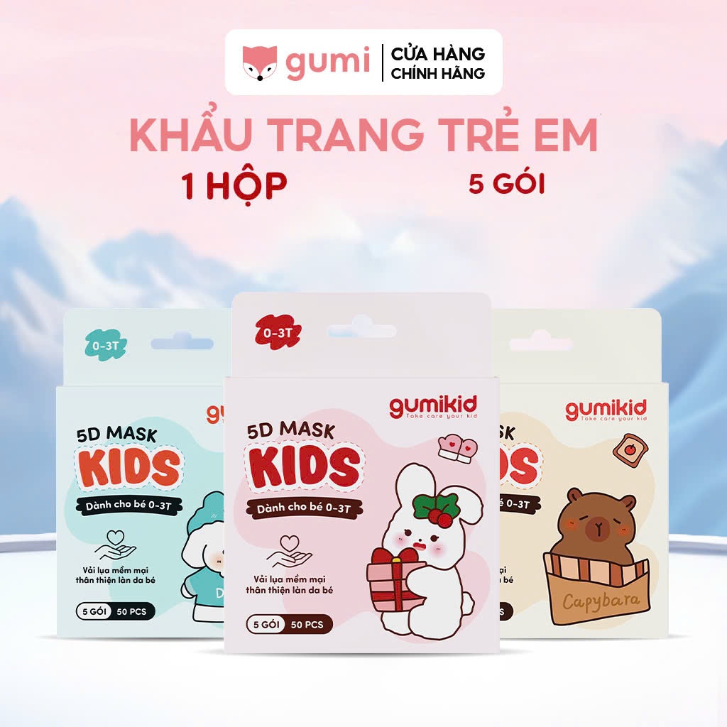 [0-3 TUỔI] Khẩu trang 5D trẻ em lụa Gumi 3 lớp mask kháng khuẩn lọc bụi PM 2.5 họa tiết dễ thương cho bé gumihcm