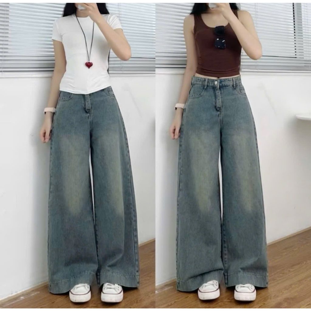 Quần Bò Jeans Nữ Ống Rộng, Quần Bò Denim Suông Ống Rộng Trơn Màu Xanh Gấp Gấu Bản To Cạp Cao Siêu Hách Dáng Cực Đỉnh