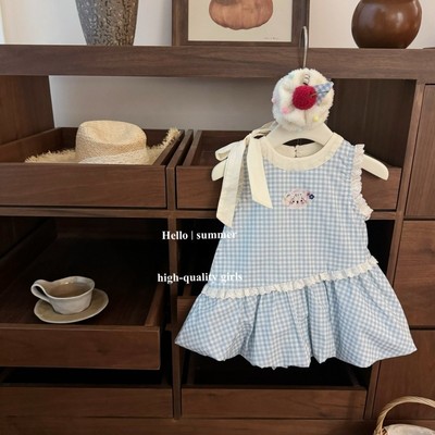 Váy Sát Nách Đính Nơ Viền Ren Caro Xanh Cho Bé Gái 1-7 Tuổi MINTSCLOSET Quảng Châu - GV0423