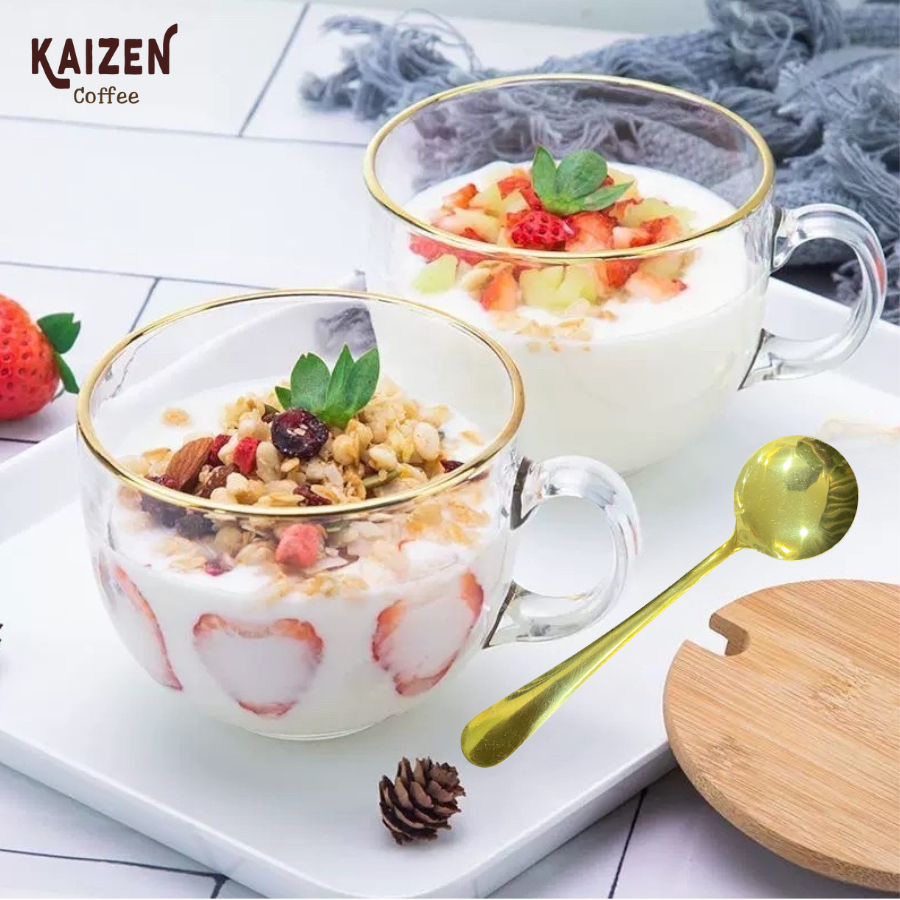 Ly Thuỷ Tinh Có Quai Cầm Kèm Muỗng 480ml Ăn Ngũ Cốc, Ly Ăn Sữa Chua Chịu Nhiệt