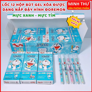   SỈ  Lốc 12 hộp Bút Gel Xóa Được DẠNG NẮP ĐẬY hình ĐOREMON Mực Tím Xanh ngòi 0.5 mm  có sẵn đầu tẩy mực- Minh Thư VPP 