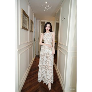  Đầm maxi Khiết Fashion ôm dài cổ yếm ren hoa dây màu kem quyến rũ đi tiệc KD120 