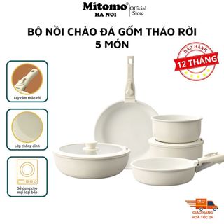  Bộ nồi chảo đá gốm Mitomo chống dính cao cấp 5 món có tay cầm tháo rời dùng cho mọi loại bếp - Hàng chính hãng 