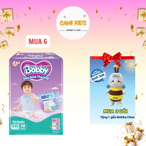 COMBO 6 Tã bỉm quần Bobby Ultra+ siêu khô thoáng TẶNG 1 gấu Bobby ong cho bé size S/M/L/XL Cami kids