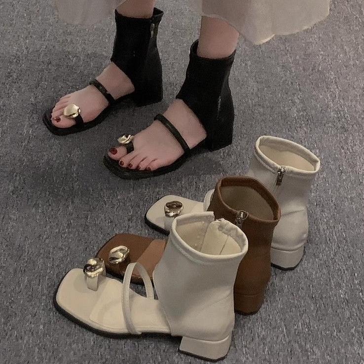 Boot hè bốt hở ngón giày nữ cổ cao đế thấp kiểu đáng độc lạ