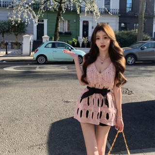 OA033 Áo khoét tay cổ V thời trang kiểu dáng len móc rỗng cá tính tặng kèm dây thắt nơ xinh xắn