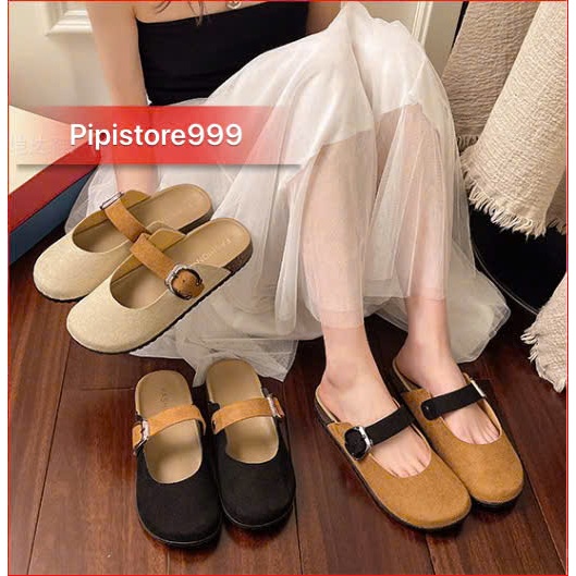 Dép Sục Da Lộn Phối Quai Ngang Mũi Tròn Đế Dẻo G001