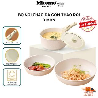  Bộ nồi chảo đá gốm Mitomo cao cấp có tay cầm tháo rời thiết kế tinh gọn nâng tầm căn bếp hiện đại - Hàng chính hãng 